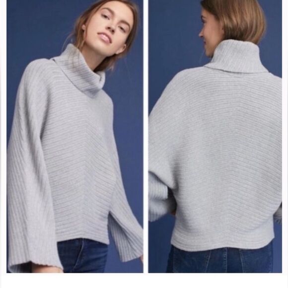 ANTHROPOLOGIE MOTH Tisbury Turtleneck Mock Neck Sweater Ribbed Gray Size XL - Picture 1 of 16